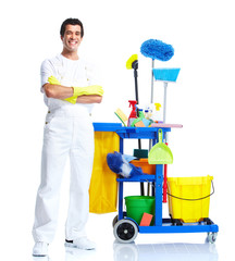 Professional cleaner with janitor cart.