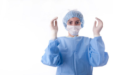 Sterile feminine nurse or doctor with the hands up