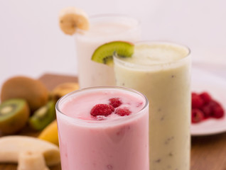 chocolate, kiwi and raspberry milkshakes