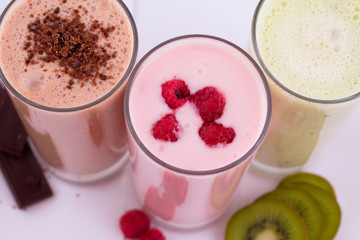 chocolate, kiwi and raspberry milkshakes