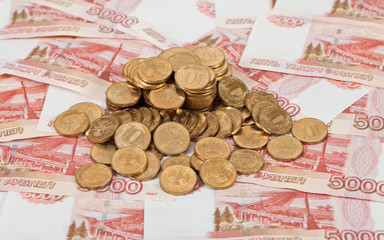 Russian rubles banknotes and coins.