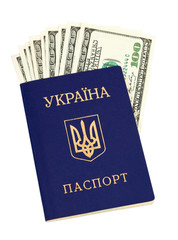 Fototapeta premium Ukrainian passport and US dollars over white