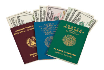 Foreign Passports and US dollars over white