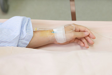 Patient's hand with an intravenous drip before surgery