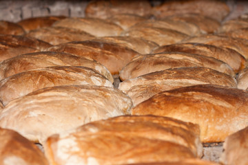 Hogazas de pan tostado en horno de leña
