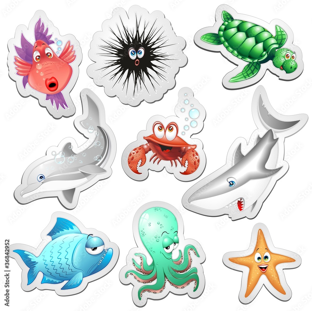 Wall mural Animali Mare Adesivi Sticker Sea Ocean Animals Icons-Vector