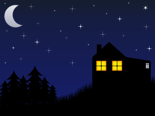 House near the forest and night sky with stars and moon