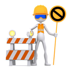 Fototapeta premium Construction worker with STOP sign. Site under construction