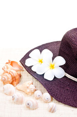 Obraz na płótnie Canvas Hat, flower and sea shells as a holiday concept