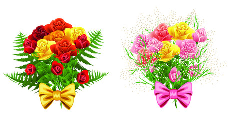 Boquets of roses with gypsophila and fern leaves