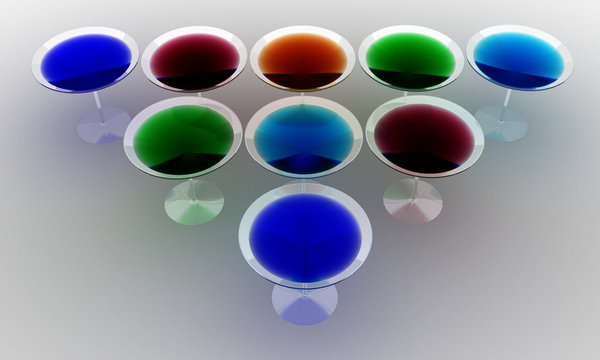 Glass wine glasses with colored liquid on a white background. №4