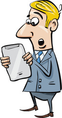 startled businessman with tablet