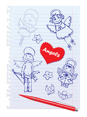 Hand-Drawn Sketchy Angels on Lined Paper Background