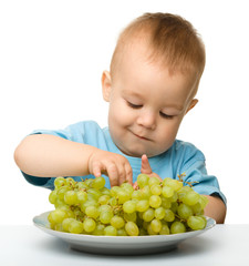 Little boy is eating grapes