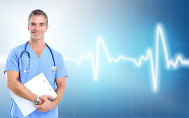 Medical doctor cardiologist. Over cardio background.