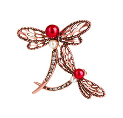 Beautiful golden brooch with precious stones isolated on white.