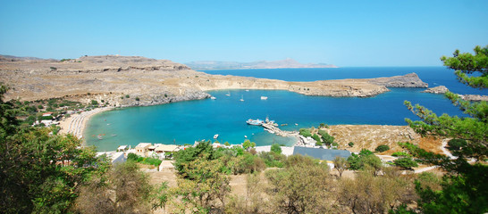 Fototapeta premium Panorama view at Lindou Bay from Lindos Rhodes island, Greece