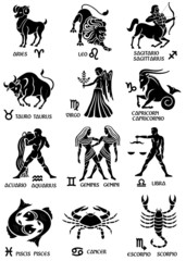 Zodiac signs with texts in English and Spanish