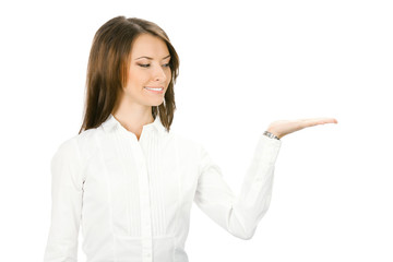 Business woman showing something, isolated