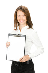Businesswoman showing blank clipboard, on white