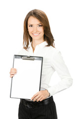 Fototapeta premium Businesswoman showing blank clipboard, on white