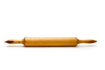 A wooden rolling pin on the white background