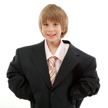 little boy business man cheerful portrait isolated on white