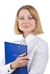 Business woman holding a clipboard and pen