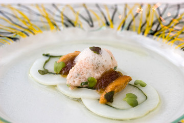 Molecular cuisine seafood with crab, urchin, squid and scallop