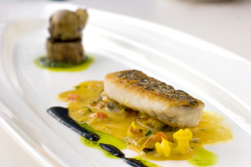 Pan seared, crsipy skinned cod molecular cuisine