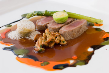 Molecular cuisine of lamb, mushrooms, asparagus and broccoli
