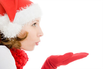 Christmas sends a woman a kiss on a white background.
