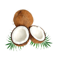 halfs of coconut on green leaves isolated on white
