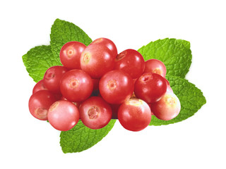 cranberry with green mint leaves isolated on white background