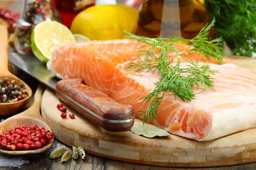 Fresh salmon fillet with herbs and spices.