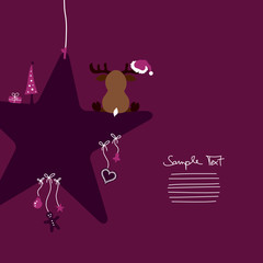 Reindeer Santa´s Hat Sitting On Star & Symbols Purple