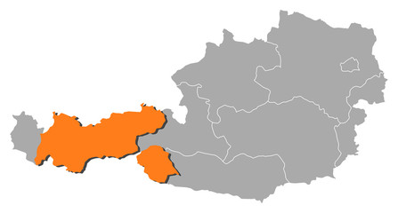 Fototapeta premium Map of Austria, Tyrol highlighted