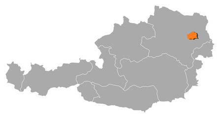 Fototapeta na wymiar Map of Austria, Vienna highlighted