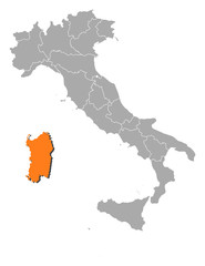 Fototapeta na wymiar Map of Italy, Sardinia highlighted