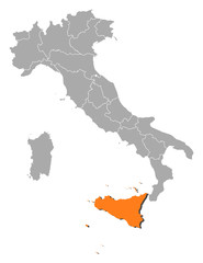 Fototapeta na wymiar Map of Italy, Secely highlighted