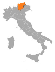 Fototapeta na wymiar Map of Italy, Trentino-Alto Adige/Südtirol highlighted