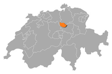 Map of Swizerland, Zug highlighted