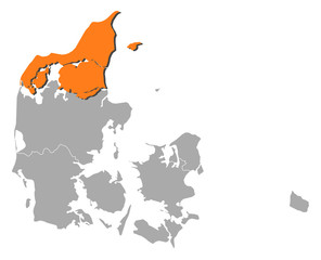Map of Danmark, North Denmark highlighted