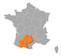 Fototapeta na wymiar Map of France, Midi-Pyrénées highlighted