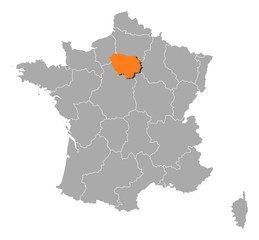 Obraz premium Map of France, Île-de-France highlighted