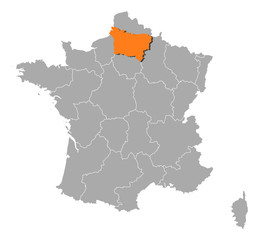 Fototapeta premium Map of France, Picardy highlighted
