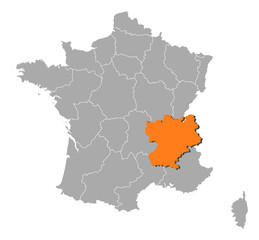 Map of France, Rhône-Alpes highlighted