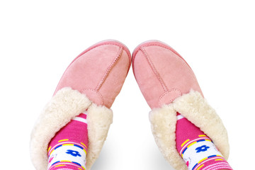 Pink slippers female feet