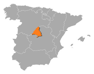 Obraz premium Map of Spain, Madrid highlighted