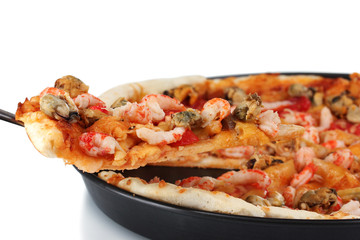 Delicious pizza with seafood on plate isolated on white